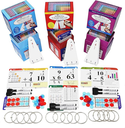 Think2Master Addition, Subtraction & Multiplication Flash Cards. This 3 Pack Includes 780 Laminated Cards to Learn How to add, Subtract, Multiply, Divide. Plus 6 Dry Erase Markers & 15 Rings