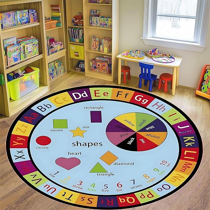 Round Kids Rug,3.3ft,ABC Letters and Numbers Early Learning Rug, Rug for Kids To Learn Colors and Shapes, Suitable for Classroom Playroom, Soft Non-Slip Floor Mat, Boys Girls Bedroom Decoration