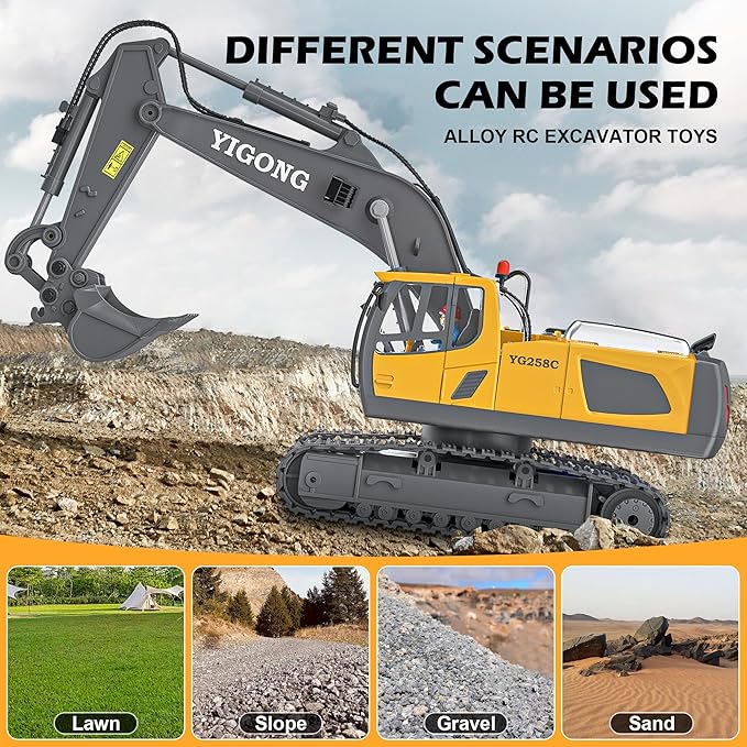 Remote Control Excavator Toy, Rechargeable 11 Channel 2.4Ghz RC Construction Vehicles with Metal Shovel for Kids, 680° Rotation with Lights and Sound - 1/20 Scale Digger for Boys 6-12