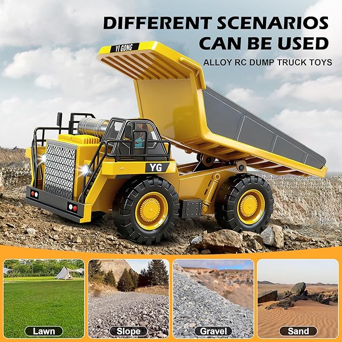 Remote Control Dump Truck Toy for Kids, 9 Channel RC Construction Vehicle Toys with Metal Bed and Light/Music, Birthday Gifts Ideas for Boys Age 6 7 8 9 10 Year Old and up