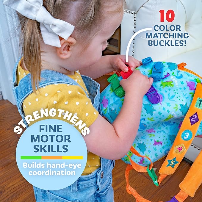 Buckle Toys Breezy Pterodactyl Dinosaur Toddler Backpack with Buckles & Toddler Learning Activities and Sensory Toys for Toddlers 1-3, Travel Essentials Road Trip Activities for Fine Motor Skills