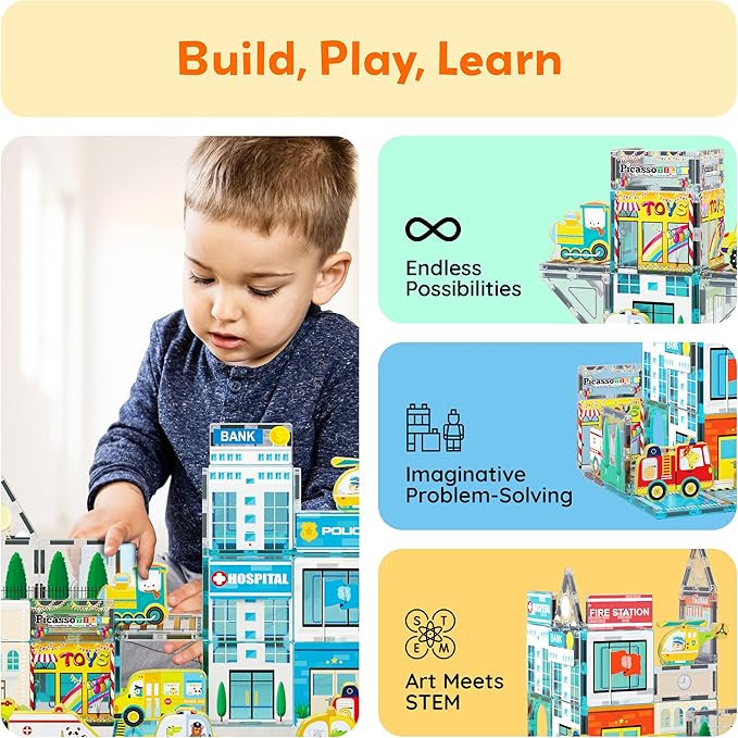PicassoTiles Metro City Hospital Magnetic Tile Building Set with 8 Vehicles and Figures Educational Magnet Blocks Construction for Kids Age 3 Plus STEM Role Play Town Imagination Learning Toy PTQ14