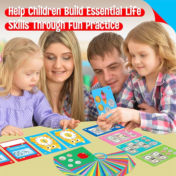 52 PCS Time & Money Flashcards, Double Sided Cognition Cards-Coin Value, Coin Combinations, Counting Coins, Telling Time, Reading Clocks, Learning Tool for Kids Ages 6+ Kindergarten Toddlers