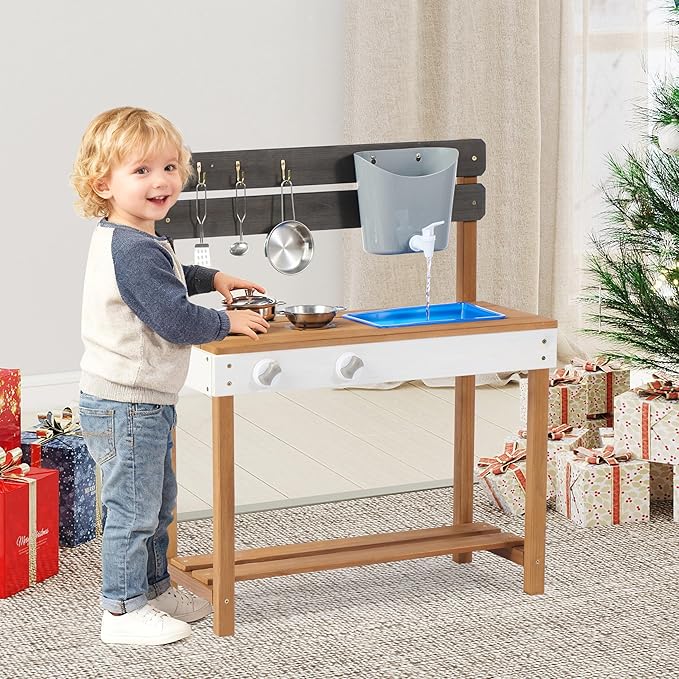 Kid's Wooden Play Kitchen, Outdoor Mud Kitchen with Water Play Set and Cooking Toys, Backyard Play for 3+ Years Kid