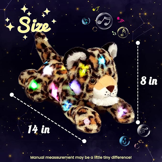 Hopearl LED Musical Stuffed Cheetah Light up Singing Plush Leopard Toy Adjustable Volume Lullaby Animated Soothe Birthday Festival for Kids Toddlers Boys, 14''