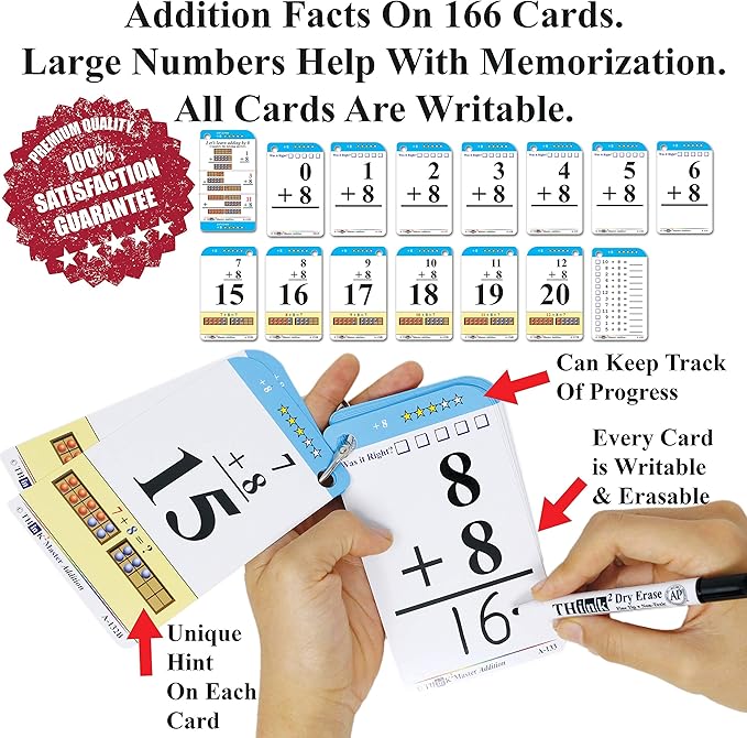 Think2Master Addition Flash Cards. Learn to Add & Subtract by Counting, Writing, Understanding & Memorizing. 260 Laminated Cards, 39 Triangle Cards, 2 Dry Erase Markers, 5 Rings & 30 Counters
