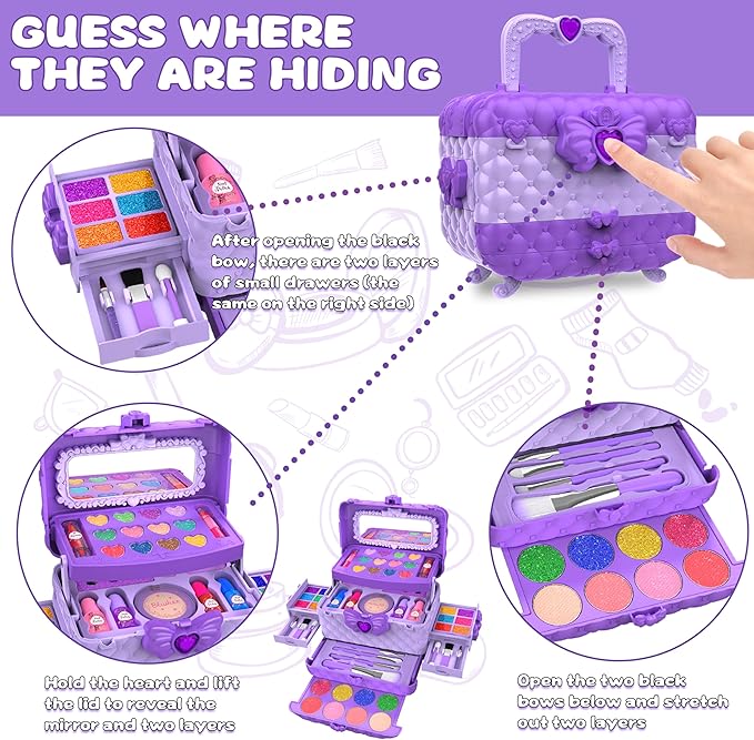 54 Pcs Kids Makeup Kit for Girls, Princess Real Washable Pretend Play Cosmetic Set Toys with Mirror, Birthday Gifts for 3 4 5 6 7 8 9 10 Years Old Girls Kids (Purple)