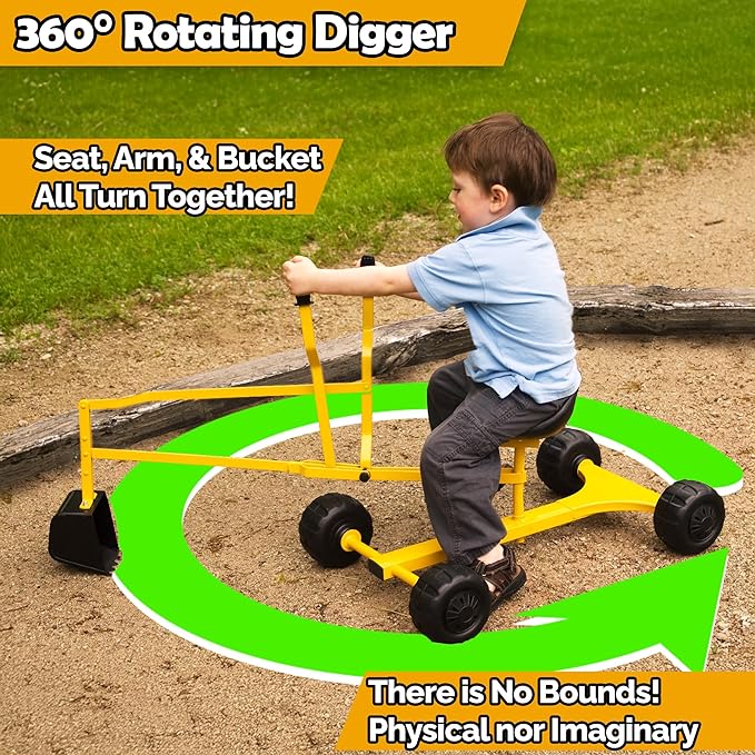WonkaWoo Sand Digger Ride On Excavator Toy for Kids, 360 Degree Real Scoop Action with 4 Wheels, Giant Construction Digging Toy for Beach, Sandbox and Outdoor Playground