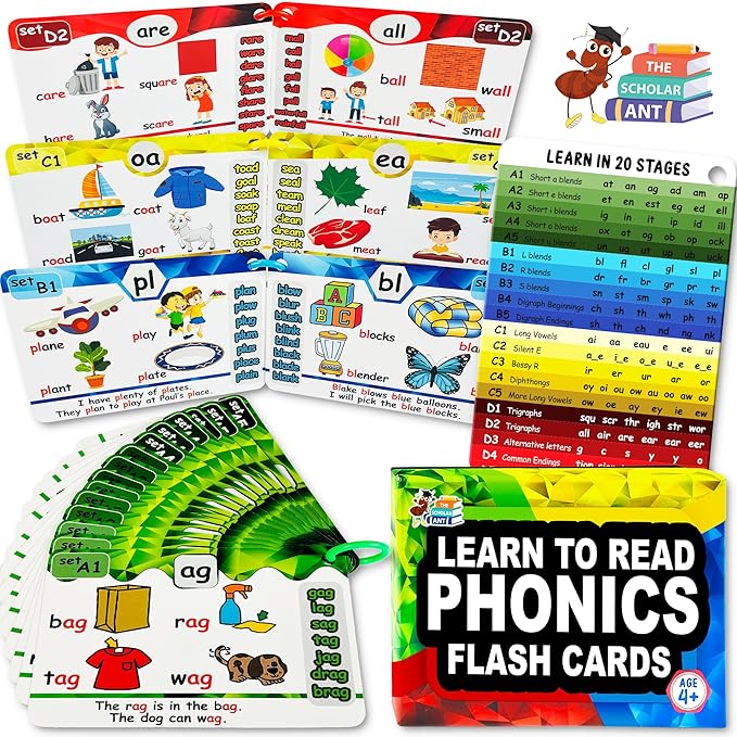Phonics Flash Cards with Proven Spaced Repetition Learning System - Learn to Read in 20 Phonic Stages - Digraphs CVC Blends Long Vowel Sounds Phonics Games for Kids Ages 4-8 Kindergarten 1st 2nd Grade