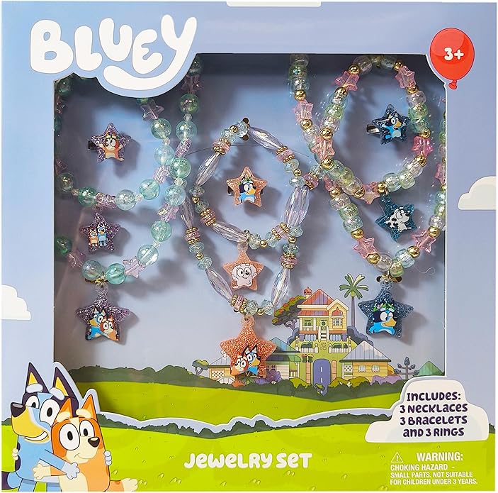 LUV HER Bluey Girl's Jewelry Set - Dress up Toy Jewelry Box Set with Bead Necklace, Bracelet and Ring - Play Accessories - Ages 3+