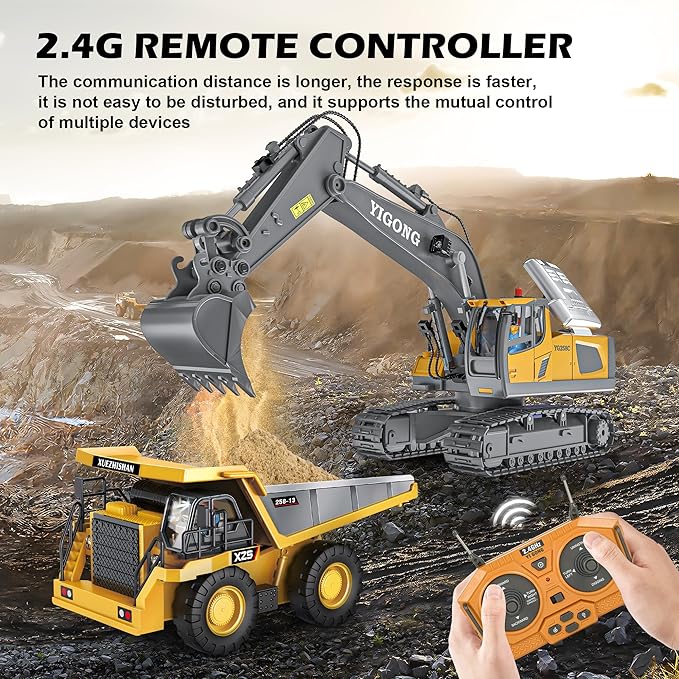 Remote Control Excavator Toy, Rechargeable 11 Channel 2.4Ghz RC Construction Vehicles with Metal Shovel for Kids, 680° Rotation with Lights and Sound - 1/20 Scale Digger for Boys 6-12