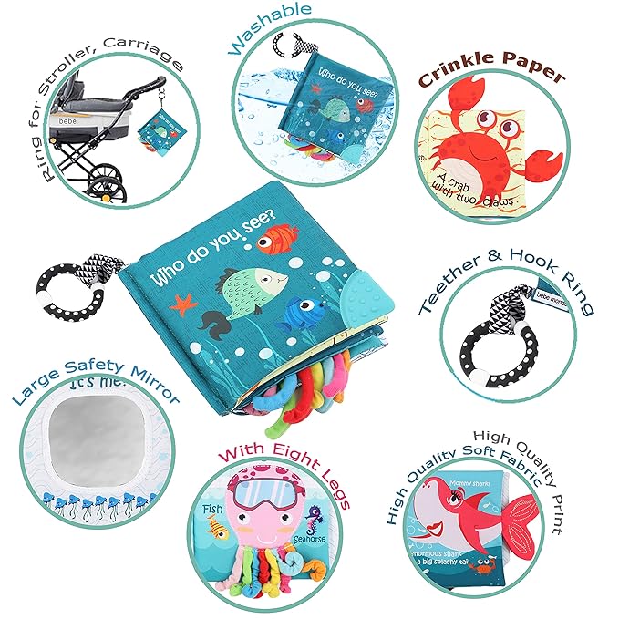 Fish Baby Books Toys, Touch Feel Cloth Crinkle Books for Babies,Baby Infant Toys 0-6, 6-12,12-18 Months,Early Learning Education, Christmas Shower Baby Gifts for Boys Girls,Teething,Mirror,Shark Ocean