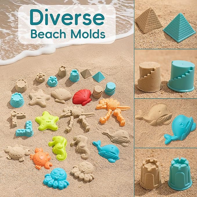 Beach Toys for Kids - Sand Toys Set Includes Collapsible Bucket Shovel and Mesh Bag 19 PCS, Toddlers Sandbox Toys Sandcastle Building Kit (Kids Beach Toy Set)