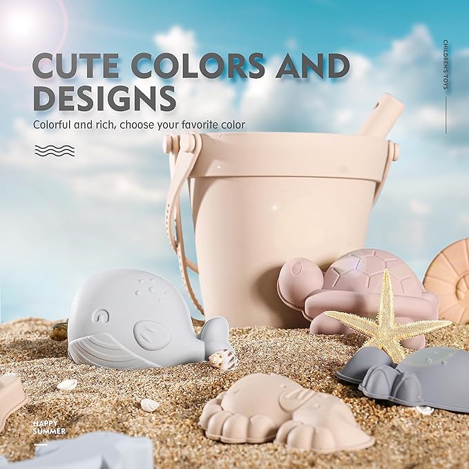 MarcZero 11Pcs Silicone Beach Toys,Modern Baby Beach Toys,Travel Friendly Beach Set,Silicone Bucket, Shovel, 8 Sand Molds, Beach Bag,Silicone Sand Toys for Toddlers, Kids (Begie)