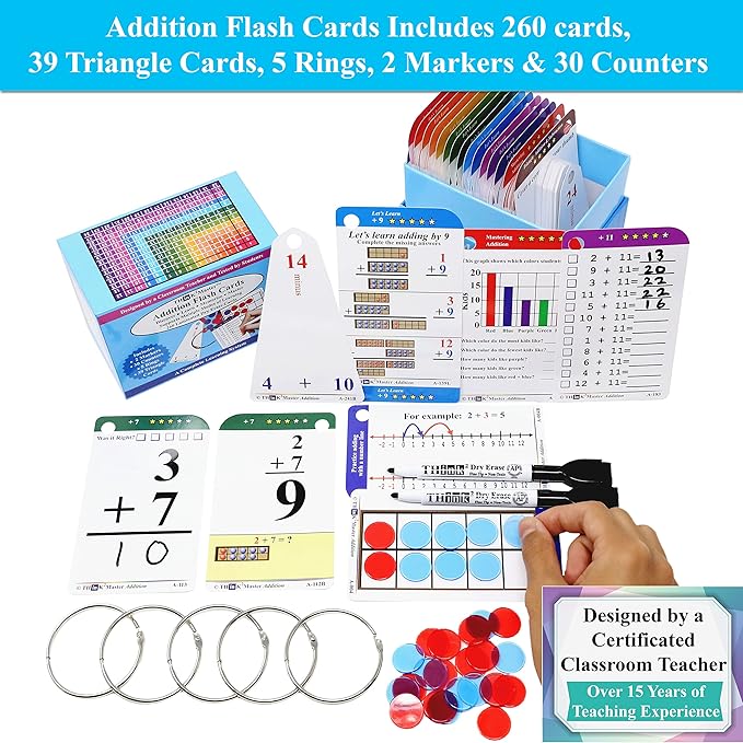Think2Master Addition, Subtraction & Multiplication Flash Cards. This 3 Pack Includes 780 Laminated Cards to Learn How to add, Subtract, Multiply, Divide. Plus 6 Dry Erase Markers & 15 Rings