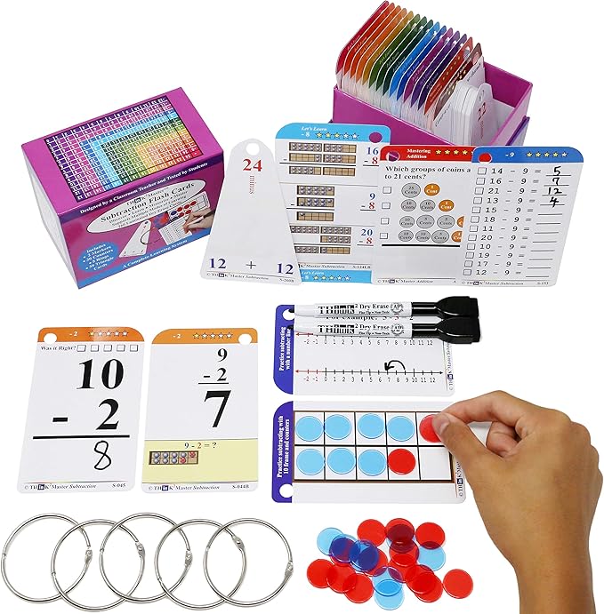 Think2Master Subtraction Flash Cards. Learn to Add & Subtract by Counting, Writing, Understanding & Memorizing. 260 Laminated Cards, 39 Triangle Cards, 2 Dry Erase Markers, 5 Rings & 30 Counters
