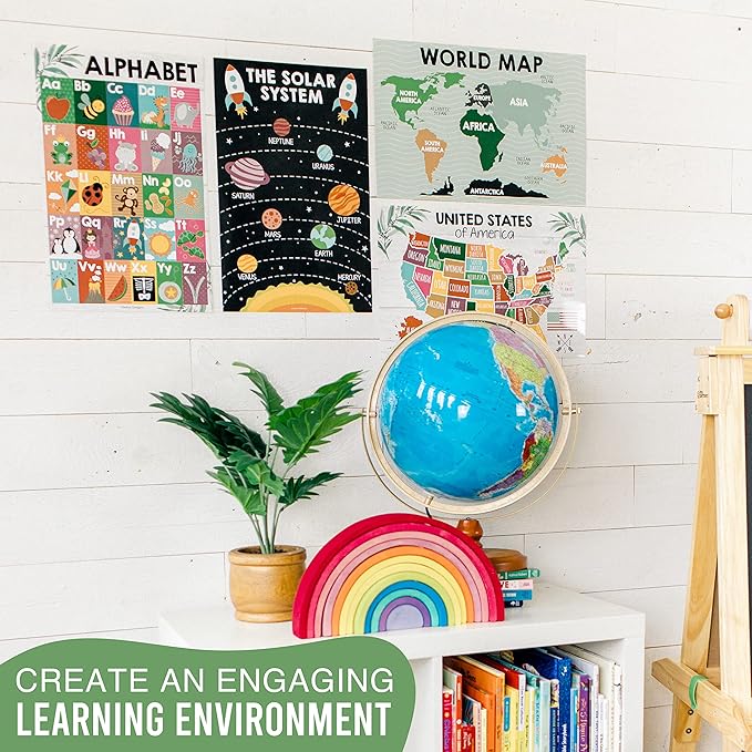 4 Alphabet, Map of United States, World Map, & Solar System Posters - Laminated ABC Charts for Toddlers Wall Decor, Farmhouse Posters for Kindergarten, Prek Classroom or Homeschool 11x17