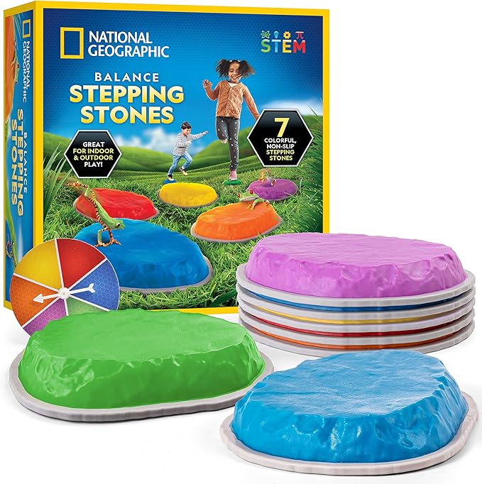 NATIONAL GEOGRAPHIC Stepping Stones for Kids – 7 Durable, Non-Slip Stones Encourage Toddler Balance & Motor Skills, Indoor & Outdoor Toys, Balance Stones, Obstacle Course