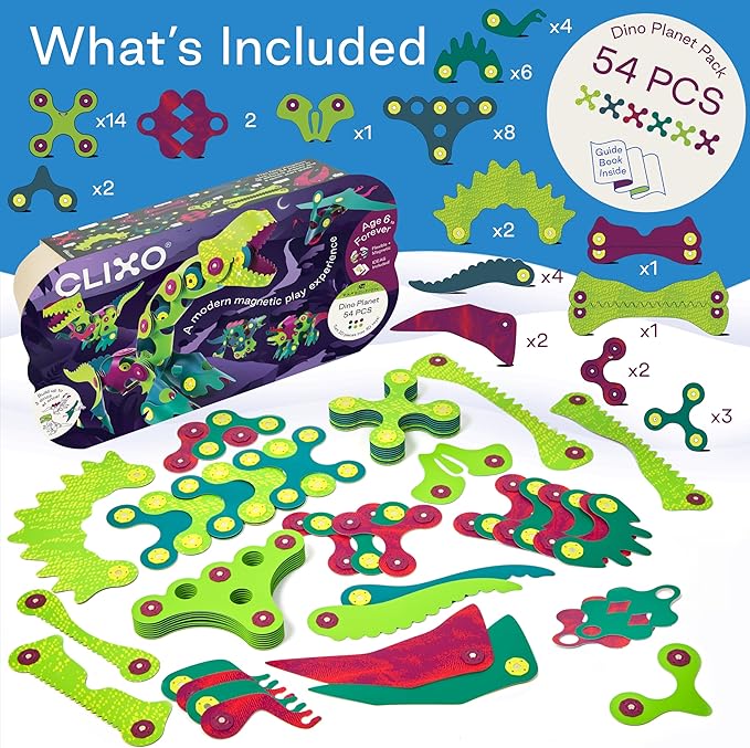 Clixo Dino Planet 54 Piece Pack - A Versatile Magnetic Building Toy. Create Dinosaurs & Imaginative Creations. Award-Winning Design. Hours of Fun Creative STEM Play, Great Gift for Curious Kids [New]