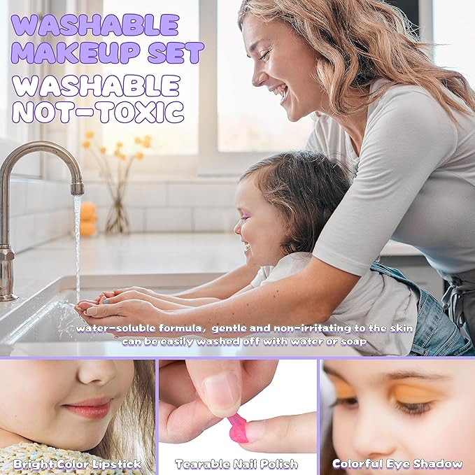 54 Pcs Kids Makeup Kit for Girls, Princess Real Washable Pretend Play Cosmetic Set Toys with Mirror, Birthday Gifts for 3 4 5 6 7 8 9 10+Years Old Girls Kids (Light Purple)