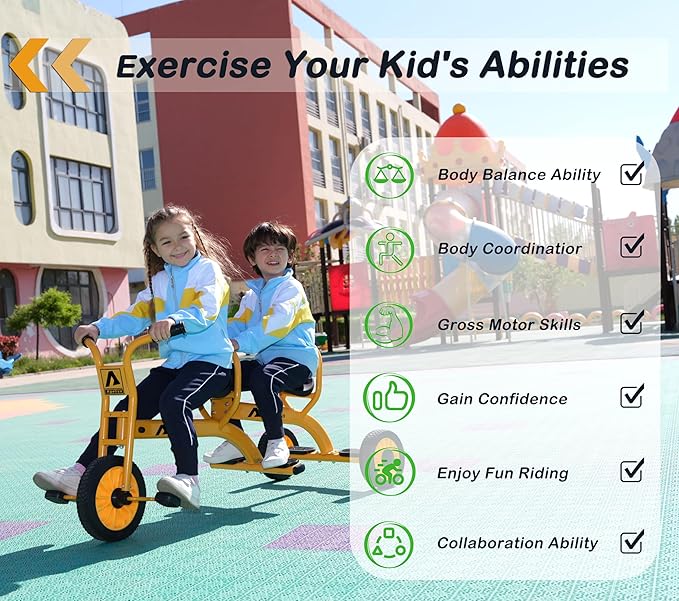 Kids Tricycles for Preschoolers Ages 3+, Ideal Outdoor Playground & Daycare Yard Trike with Passenger Seat, Durable Metal Pedal Tandem Bike, Sturdy Carbon Steel Frame, Solid Rubber Tires