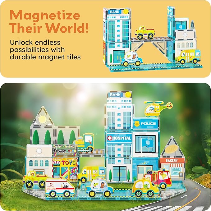 PicassoTiles Metro City Hospital Magnetic Tile Building Set with 8 Vehicles and Figures Educational Magnet Blocks Construction for Kids Age 3 Plus STEM Role Play Town Imagination Learning Toy PTQ14