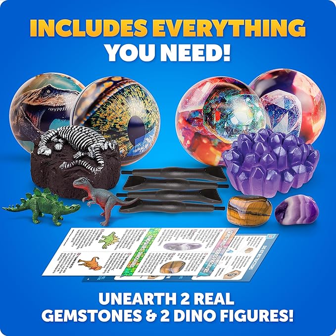 Blue Marble Science Surprise Christmas Ornament Kit for Kids- 4 Dig Kit Ornaments with Gemstone and Dinosaur Dig Bricks, Dino Digging Toys for Kids, Gem Excavation Stocking Stuffer for Boys and Girls