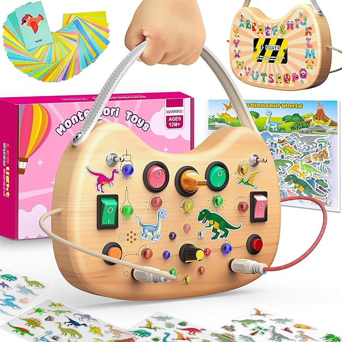 Montessori Toddler Busy Board, Wooden Busy Board with 17 LED Lights Switch, Travel Toys for Toddlers 1-3 Years,Toddler Sensory Boards, Toys for 1 Year Old Girls