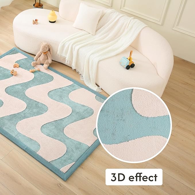 Premium Baby Playmat for Floor 80" x 110" waves – Cloudsoft Coral Velvet Memory Foam Rug for Crawling – Non-Slip, Water-Resistant, Non-Toxic, Easy-Care Muscle Mat – Thick Play Mat for Baby