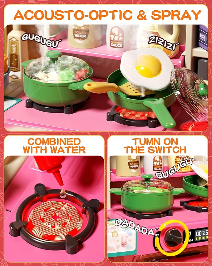 33.8IN Kids Kitchen Playset, 63 PCS Kid Play Kitchen with Realistic Lights & Sounds, Spray Sink Toy Kitchen Accessories, Pretend Food Toys Kitchen for Boys Girls Toddlers(Pink)