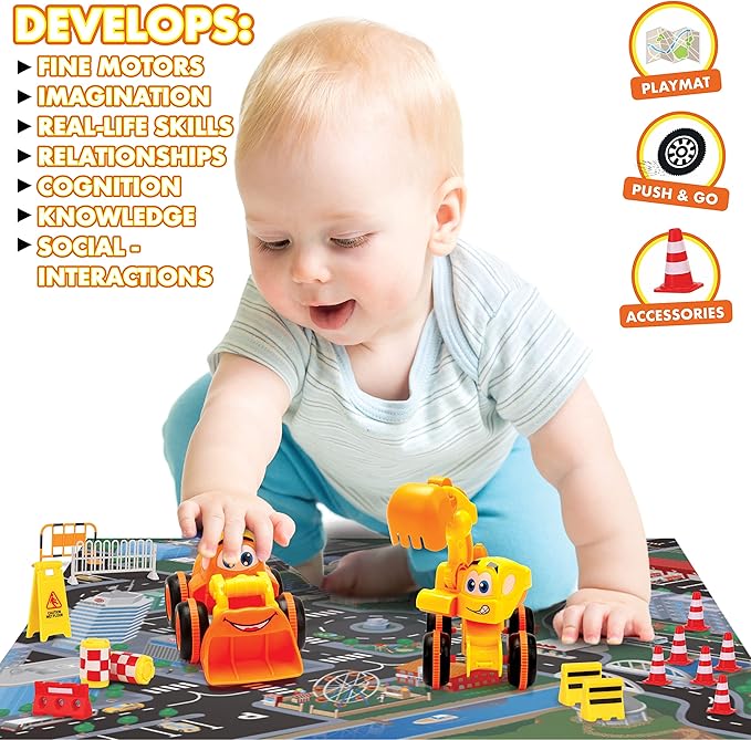 MOBIUS Toys Cartoon Builders Truck Set with Playmat & 16 Accessories – 3-Pack Push & Go Construction Vehicles for Toddlers Ages 2–5 – Dump Truck, Mixer, Bulldozer & Excavator, Gift Playset