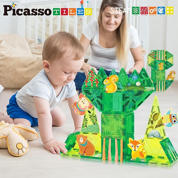 PicassoTiles Magnet Tile Building Blocks Forest Animal Theme Toy Set with 8 Character Action Figures Educational STEM Learning Construction Kit Pretend Play Magnetic Tiles Preschool Kids Ages 3+ PTQ16