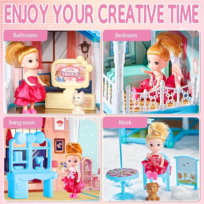 OCRETIC Doll House for Girls,13 Rooms Dollhouse with 2 Dolls, Lights, Figure, Puppies,Furnitures, Accessories, Toddler Playhouse Gift for for 3 4 5 6 7 8 9 10 Year Old Girls Toys (Blue)