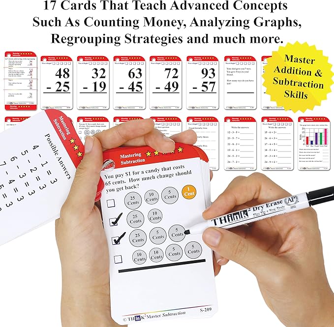Think2Master Subtraction Flash Cards. Learn to Add & Subtract by Counting, Writing, Understanding & Memorizing. 260 Laminated Cards, 39 Triangle Cards, 2 Dry Erase Markers, 5 Rings & 30 Counters