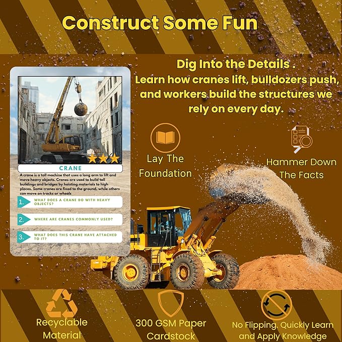 Construction Vehicle Trivia Flash Cards for Kids Ages 3+ | Educational Learning Cards with Trucks & Machines, STEM Fact Cards in Metal Tin, Screen-Free Travel Toy