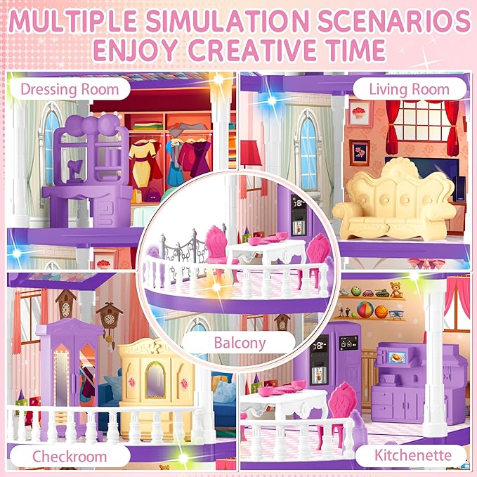 Doll House for Girls,10 Rooms Purple House Toy with Doll Figures, Puppies,Lights, Furnitures, Accessories, Kids Playhouse Gift for for 3 4 5 6 7 8 9 10 Year Old