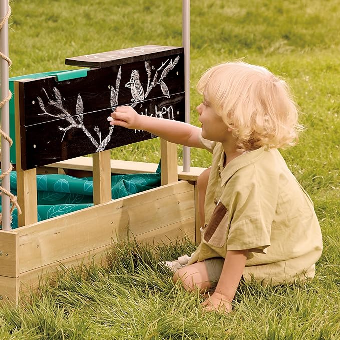 Hape All-in-one Sandbox Cabana Kit | Garden Sand Pit with Waterproof Sunshade, Activity Table, Water Play Station, Roleplay Kitchen and More | Outdoor Sandpit with Garden Toys