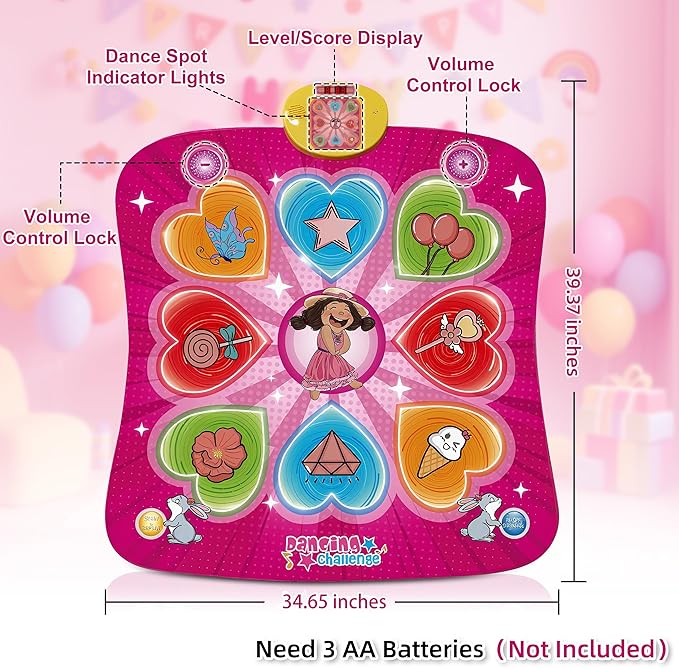 Kids Pink Anime Dance Mat, Foldable Easy-Store, Soft Non-Slip Easy-Clean, Built-in 5 Songs & Multiple Fun Challenge Stages, Boost Sports Talent, Ideal for Child Ages 3+