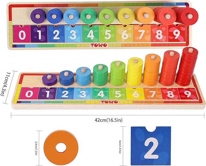 TOWO Wooden Stacking Rings and Counting Games with 45 Rings Number Blocks- Counting Ring Stacker-Wooden Sorting Counting Toy for 3 Years Old Kids Maths Learning Montessori Materials