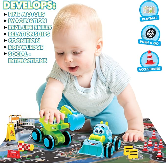 Toys for 3 Year Old Boys – 4 Friction Powered Trucks with Playmat & 16 Accessories – Push & Go Cartoon Construction Vehicle Set for Toddlers