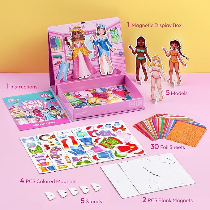 Klever Kits Foil Magnet Dress-Up Kit, 2-in-1 Fashion DIY Craft for Kids Paper Dolls for Girls Ages 4 5 6 7 8 9 Travel Activity Birthday Gifts with Display Box by Jova