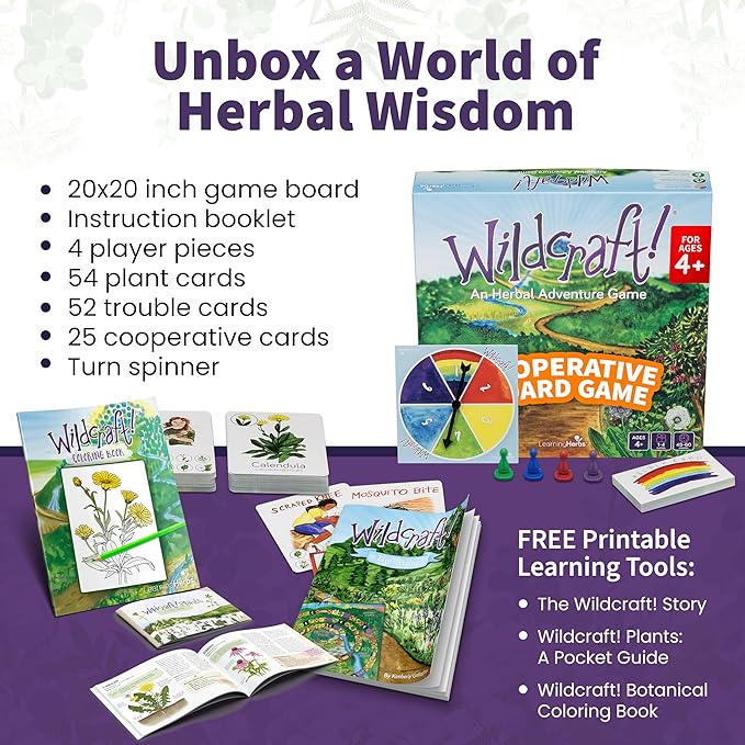 Wildcraft! Herbal Adventure Cooperative Board Game – Educational Board Game for Kids 4+ & Families – Learn 25 Herbs Through Play – Nature Inspired Learning Game w/Coloring Book & Plant Guide
