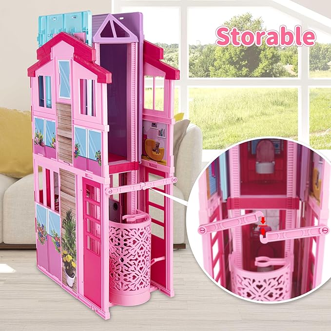 Large Foldable Doll House, 36'' Play House Dollhouse for 12" Dolls, Portable Princess House with Elevator, Bed, Basin & Pets etc, Doll Accessories, Gift for Birthday Christmas for Girls