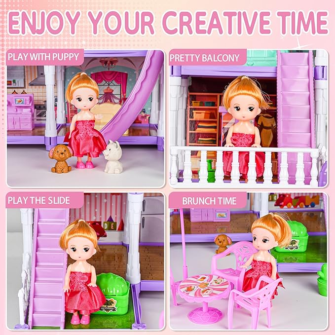 Doll House for Girls ,13 Rooms Doll House with 2 Dolls, Lights, Puppies ,Furnitures, Accessories, Toddler Playhouse Gift for for 3 4 5 6 7 8 9 10 Year Old Girls Toys ( Purple)