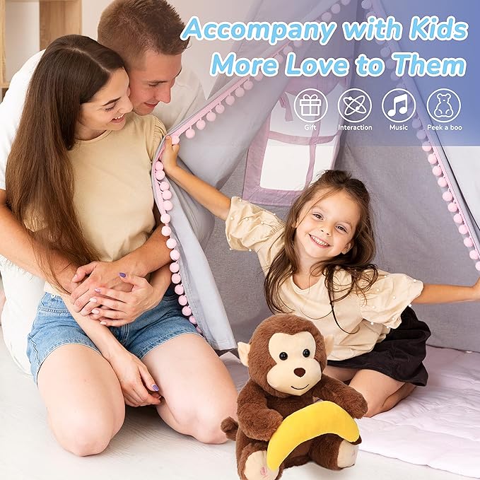 Hopearl Peek A Boo Monkey with Banana Interactive Repeats What You Say Plush Toy Musical Singing Talking Stuffed Animal Adorable Electric Animate Birthday Festival, Brown, 11''