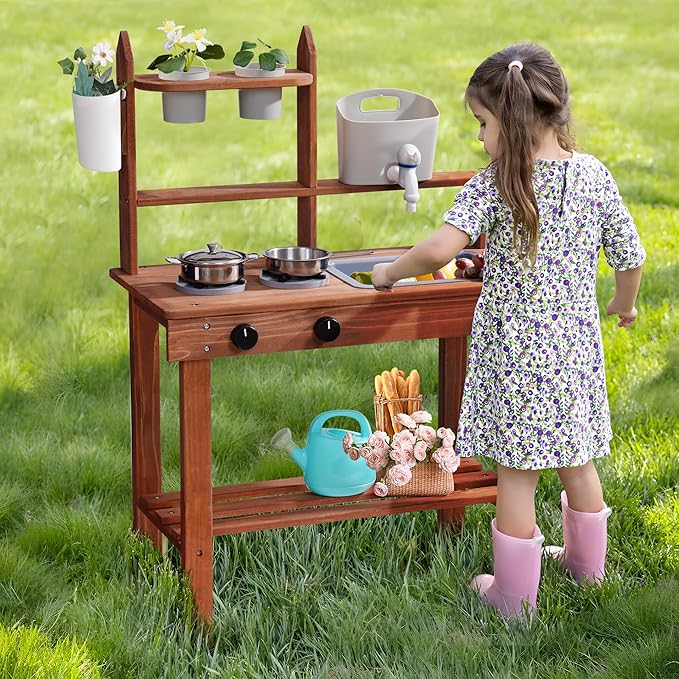 ROBOTIME Mud Kitchen for Kids Outdoor, Wooden Kids Kitchen Playset, Outdoor Play Kitchen with Removable Sink, Faucet, Cooking Accessories, Stove, Fun Backyard Outdoor Kitchen for Boys Girls 3+