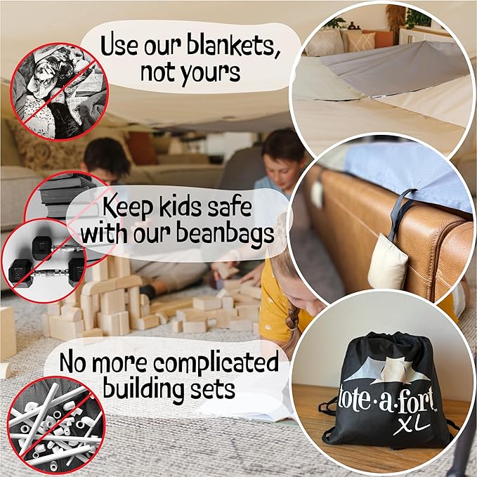 Tote a Fort Earthy XL Blanket Fort Building Kit for Kids, 4 Blanket TOTEAFORT Toy, Make a Portable Playhouse, Play Tent Boy and Girl Indoor Outdoor Build Set, STEM Children Toy, Ages 4, 8, 12 +