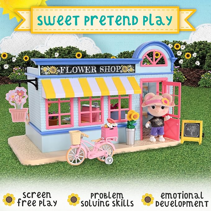 Honey Bee Acres in Bloom Flower Shop, Complete Dollhouse with Miniature Doll Figure, 59 Pieces
