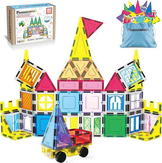 PicassoTiles Magnetic Tiles 61 Piece Magnet Tile Building Blocks Construction Sensory Toy Set with Carry Bag Storage Bin Container STEM Toddler Learning Educational Pretend Play Boy Girl Ages 3+ PT07