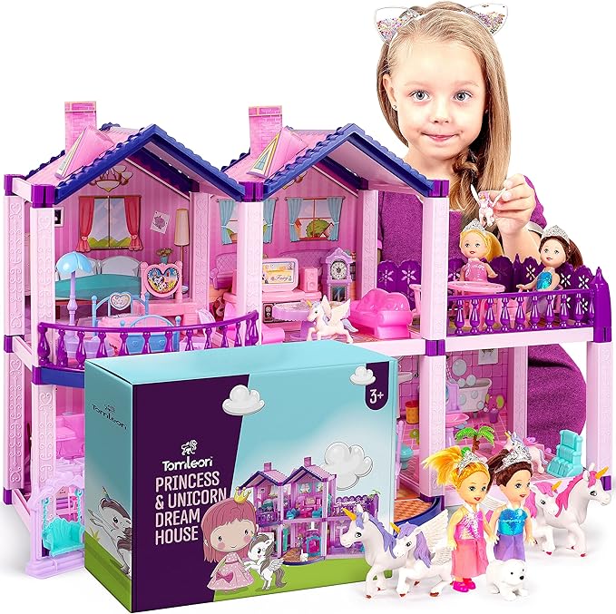 Dollhouse with 2 Princesses, 4 Unicorns, Dog, Furniture and Accessories - Pink and Purple Dream Doll House Toy for Little Girls - 5 Rooms w/Garden, Furniture and Accessories, Gift for Girls Ages 2-8